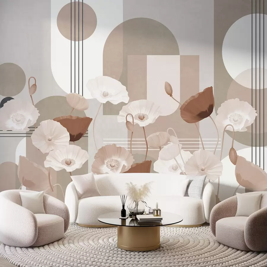 fototapet Mac în culorile alb și bej cu forme geometrice în fundal, cercuri și arcuri, stil minimalist, culori moi w09289