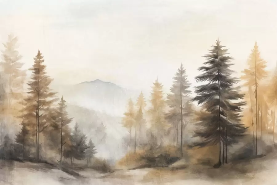 fototapet Pădure de toamnă texturată cu pini înalți și munți în fundal, culorile sunt mute și stilul de pictură pământesc w09290