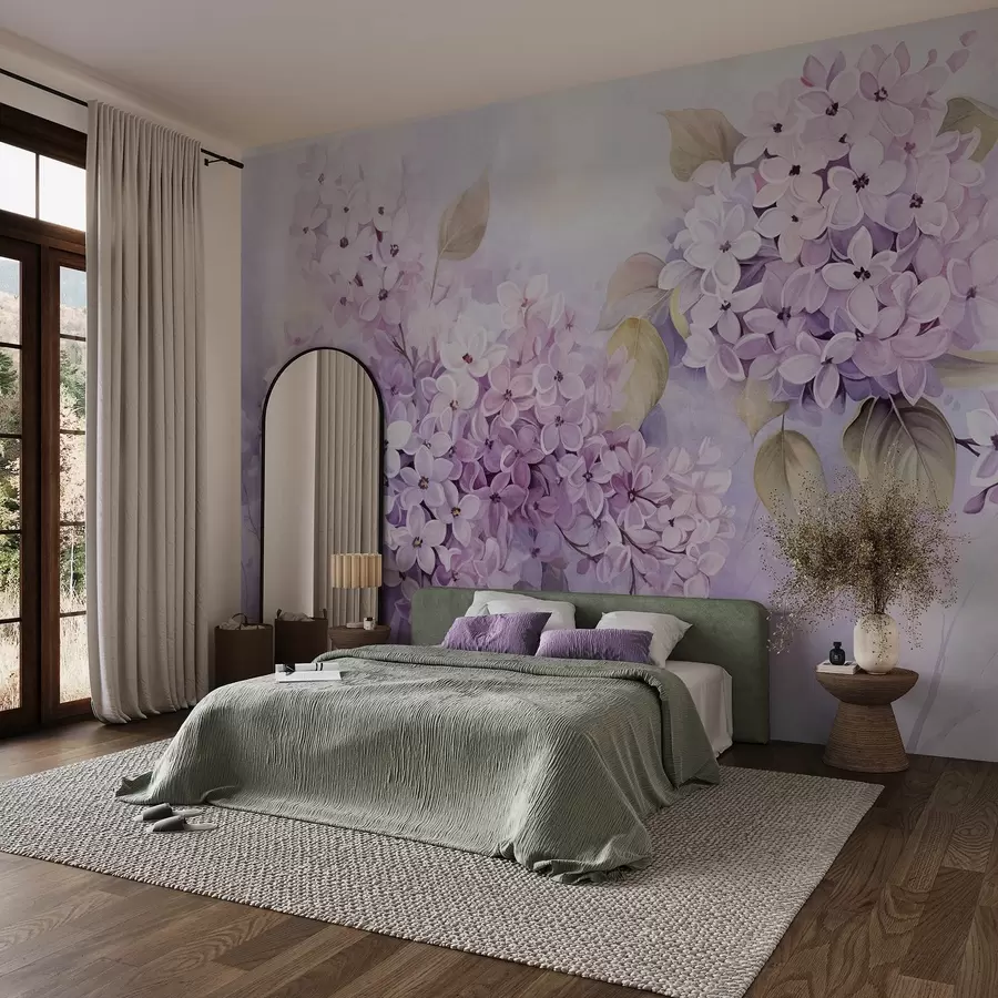 fototapet Flori lila texturate cu petale violet deschis, frunze verde deschis, stil acuarelă, culori moi, pastelate, tușe delicate w09291