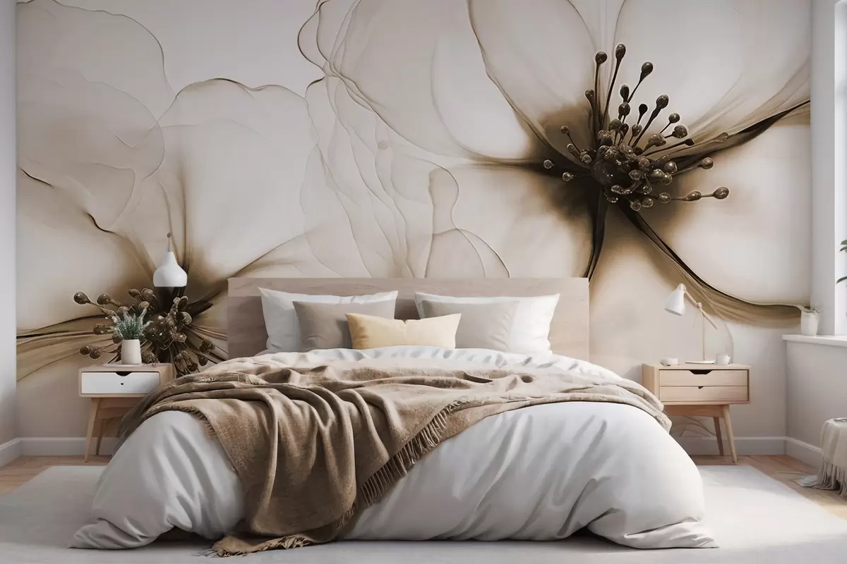 fototapet Două flori maro cu textură translucidă, cu stamine vizibile, petale delicate suprapuse și o textură fluidă w09295