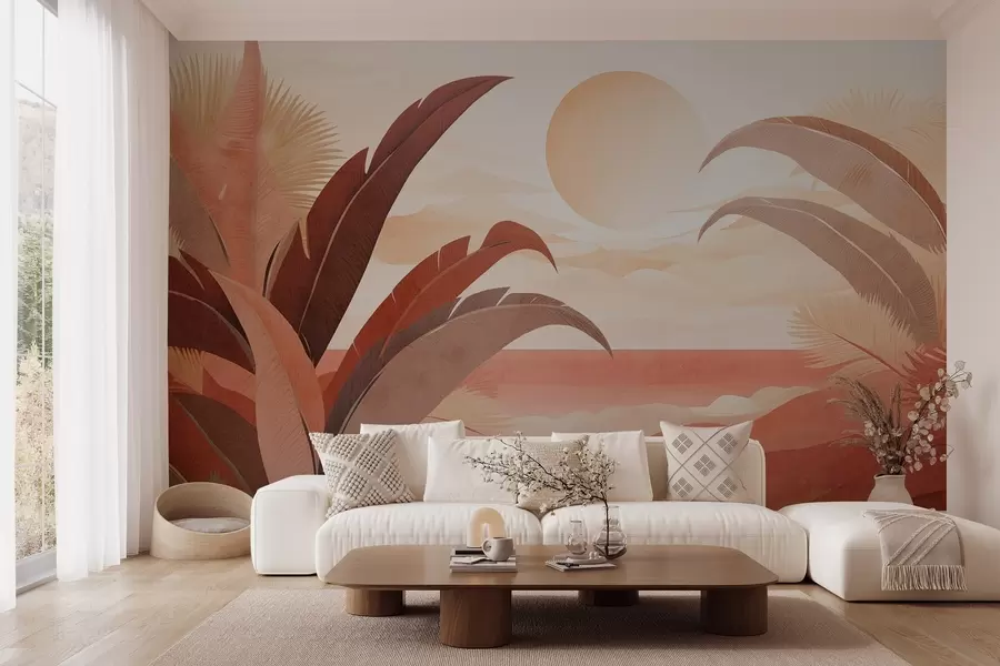 fototapet Peisaj abstract tropical texturat cu frunze de palmier și un soare mare pe cer, paletă de culori calde, stil minimalist, stilizat w09296
