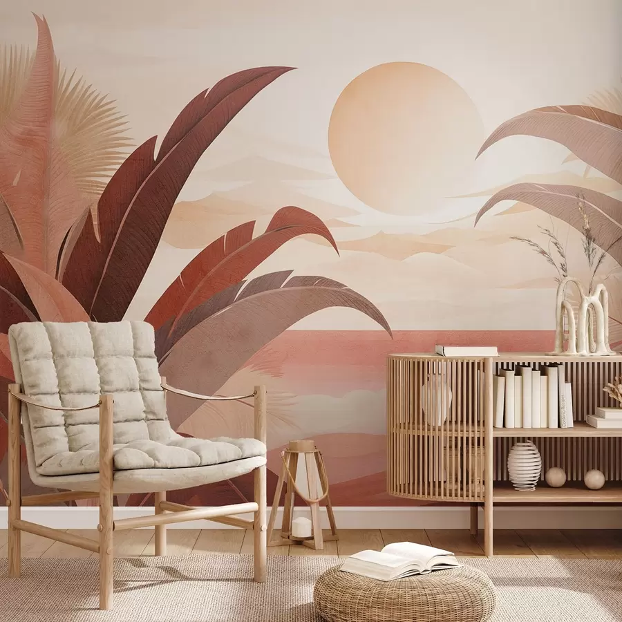 fototapet Peisaj abstract tropical texturat cu frunze de palmier și un soare mare pe cer, paletă de culori calde, stil minimalist, stilizat w09296