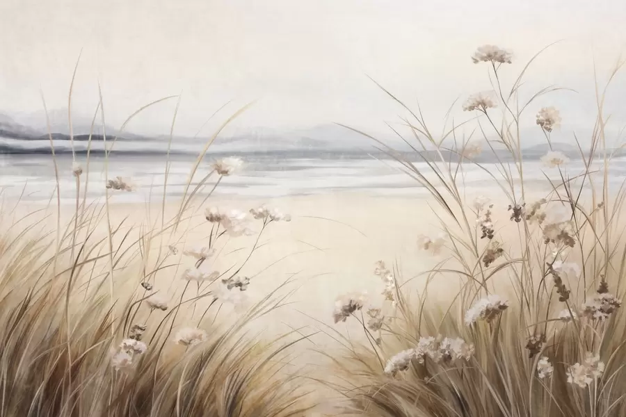 fototapet Un câmp de grâu cu flori albe în prim-plan, o plajă și oceanul în fundal, culori pastelate neutre w09298