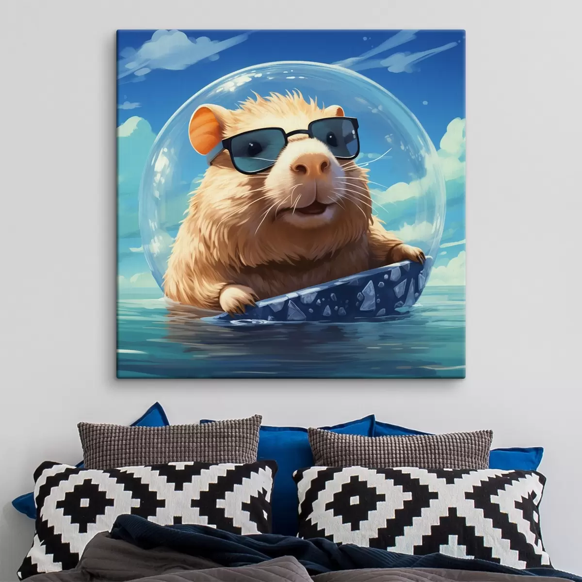 Tablouri Capybara veselă într-un balon transparent pe apă s45029