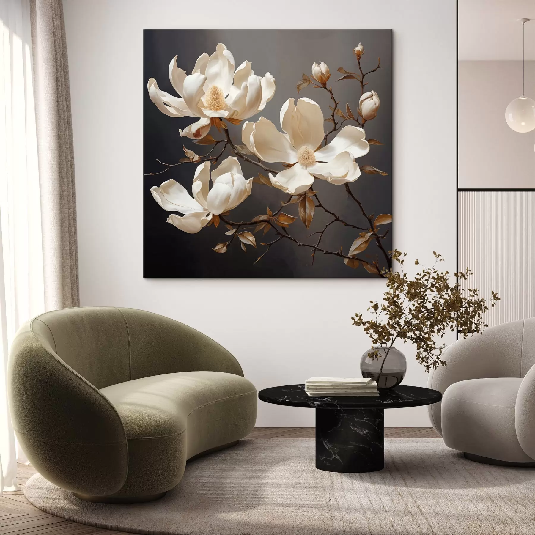Tablouri Magnolii albe pe un fundal întunecat în stil pictural s45038