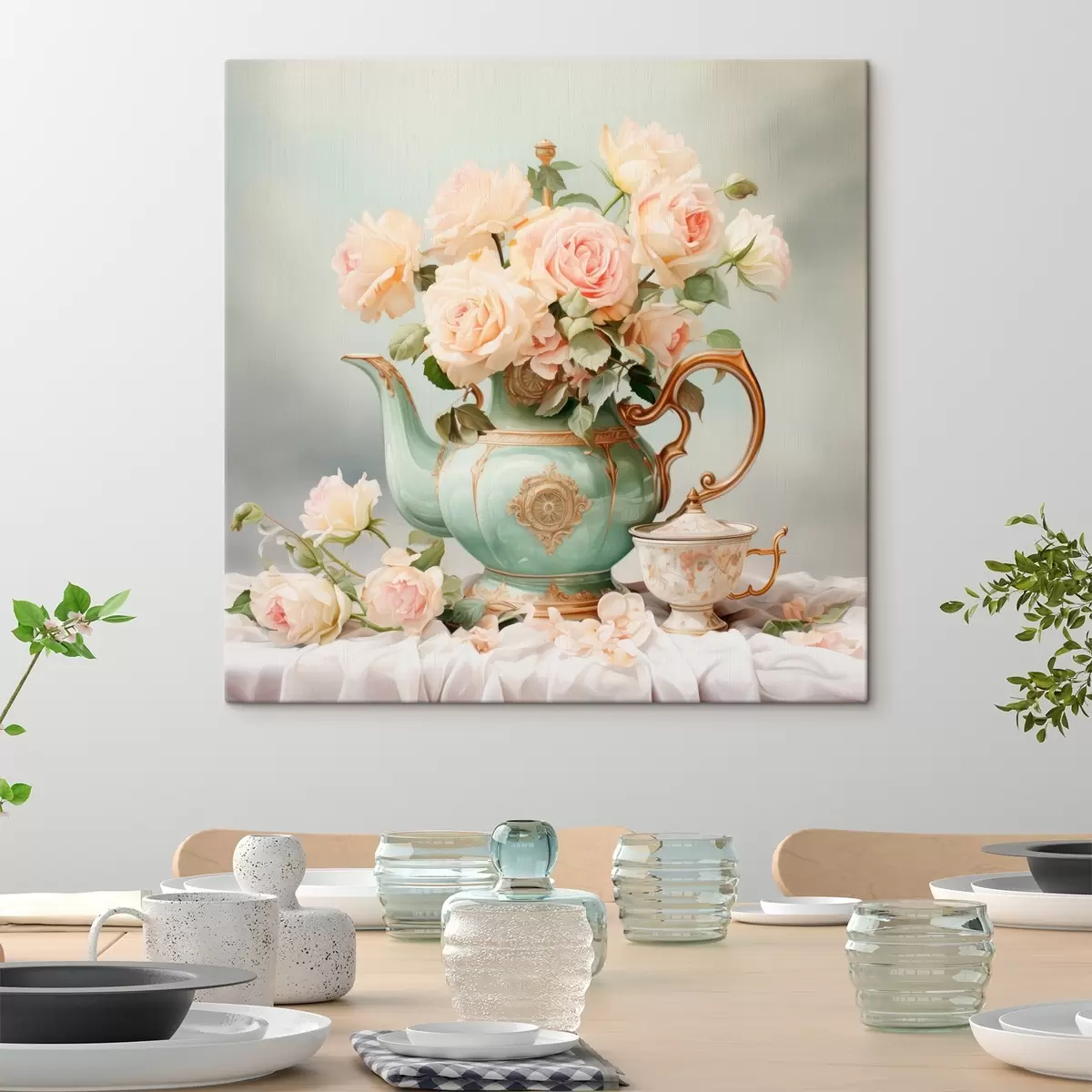 Tablouri Natură statică cu trandafiri delicați într-un set de ceai s45045