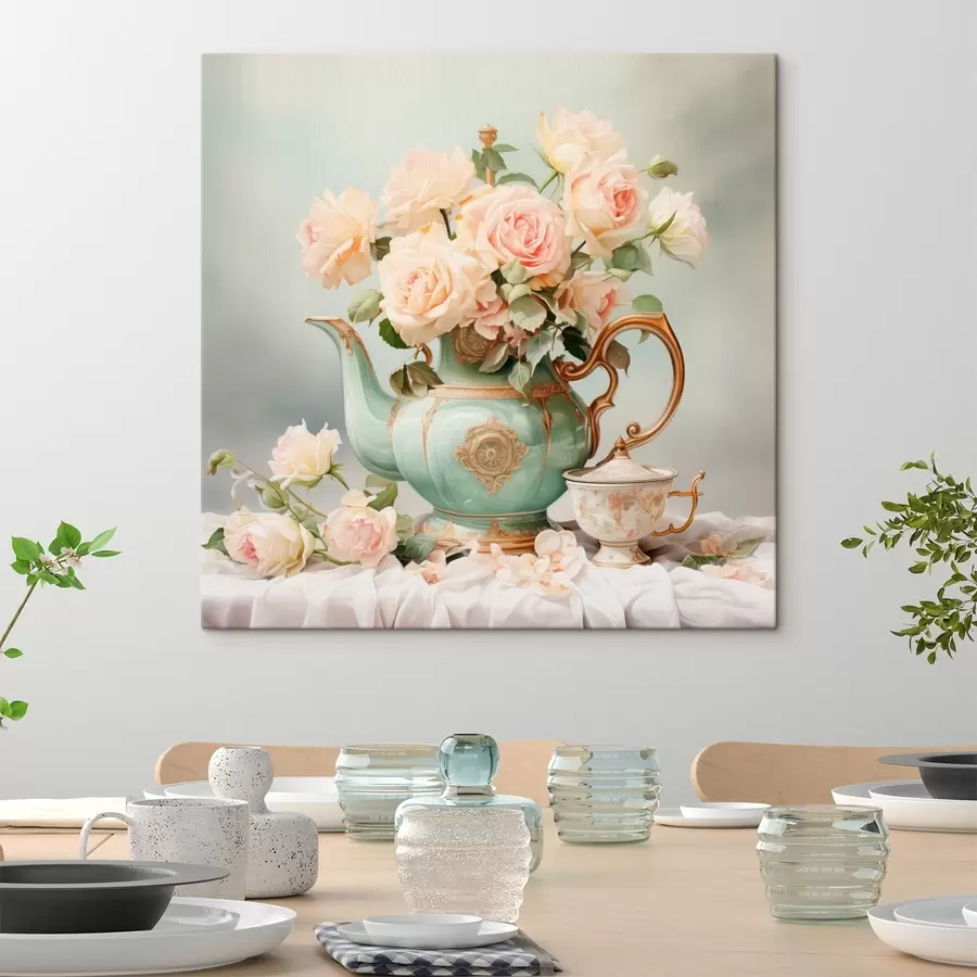 Tablouri Natură statică cu trandafiri delicați într-un set de ceai s45045