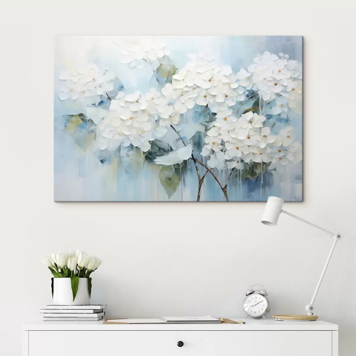 Tablouri Hortensii albe înfloritoare în stilul picturii în ulei s45051