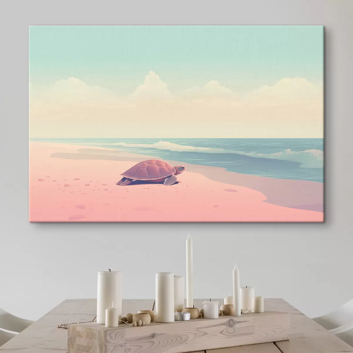 Tablouri Țestoasă de mare pe o plajă roz: peisaj minimalist s45059