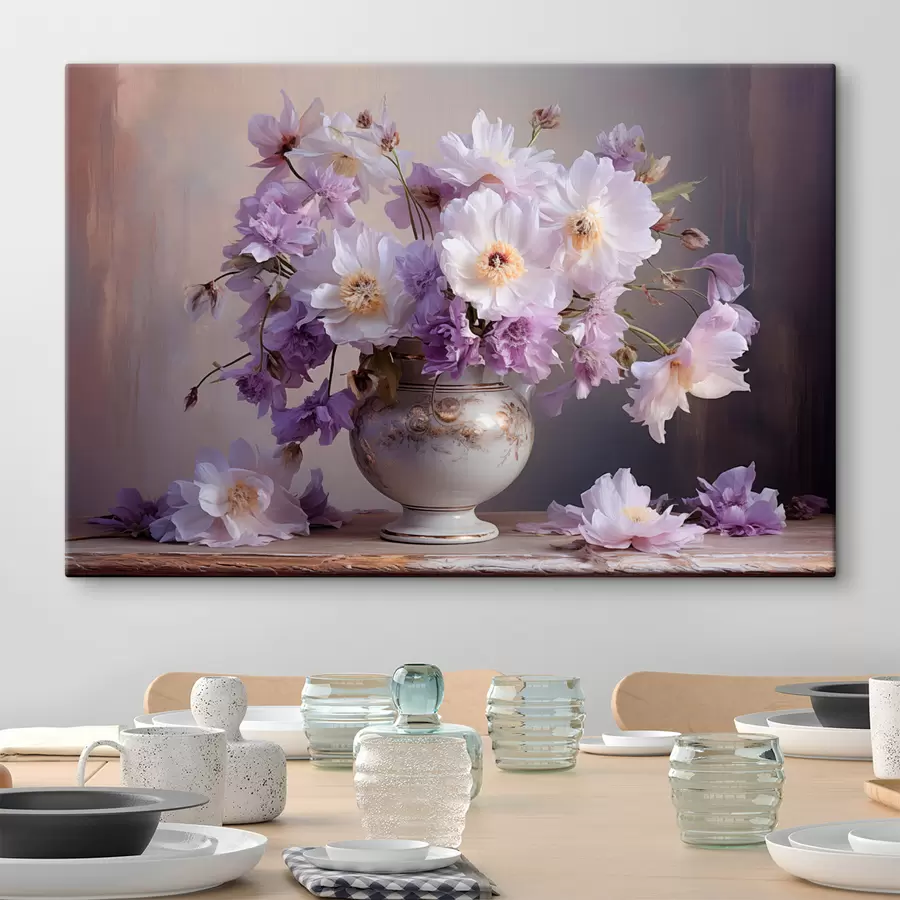 Tablouri Natură statică florală: flori albe și violet în stil artistic s45058