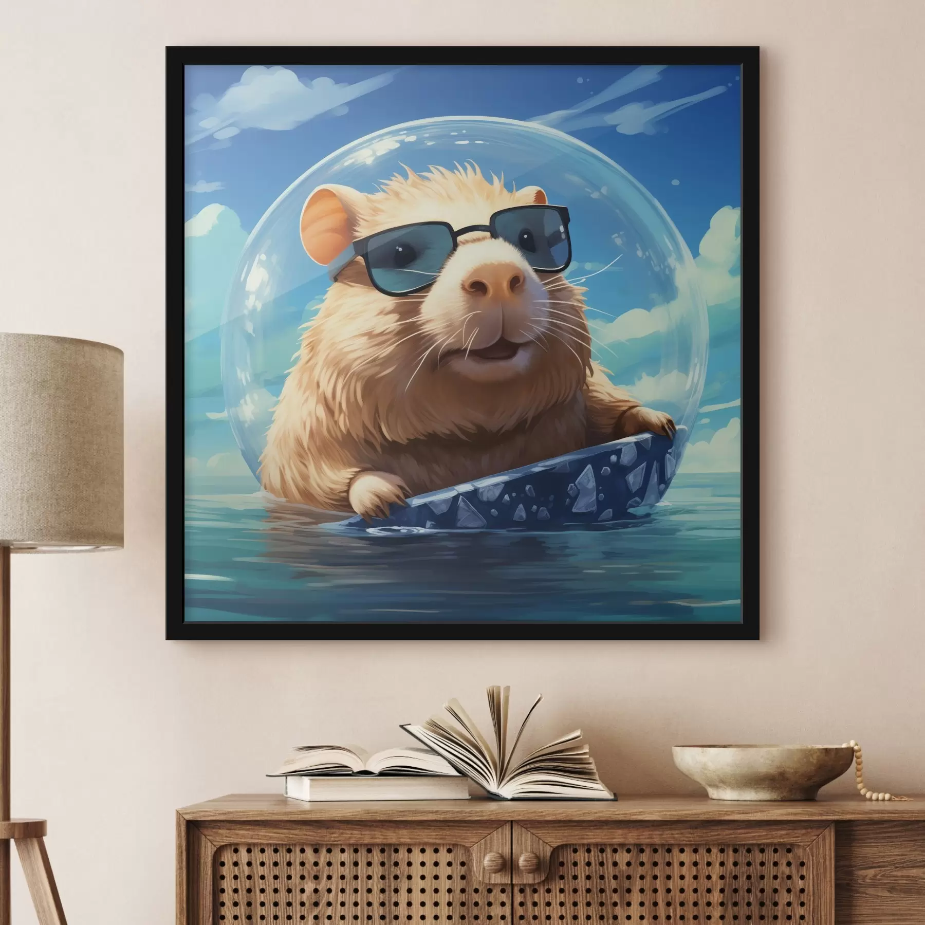 Tablouri Capybara veselă într-un balon transparent pe apă f45029
