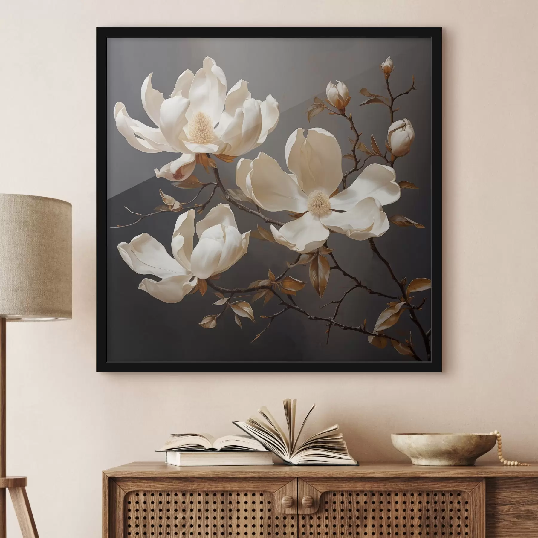 fototapet Magnolii albe pe un fundal întunecat în stil pictural f45038