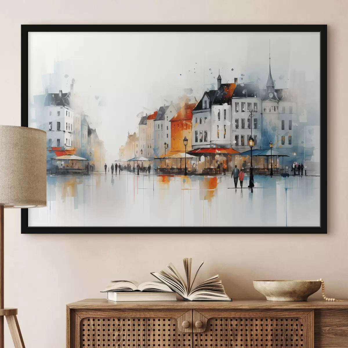 Poster Scenă de stradă cu clădiri și oameni în stil artistic f45050