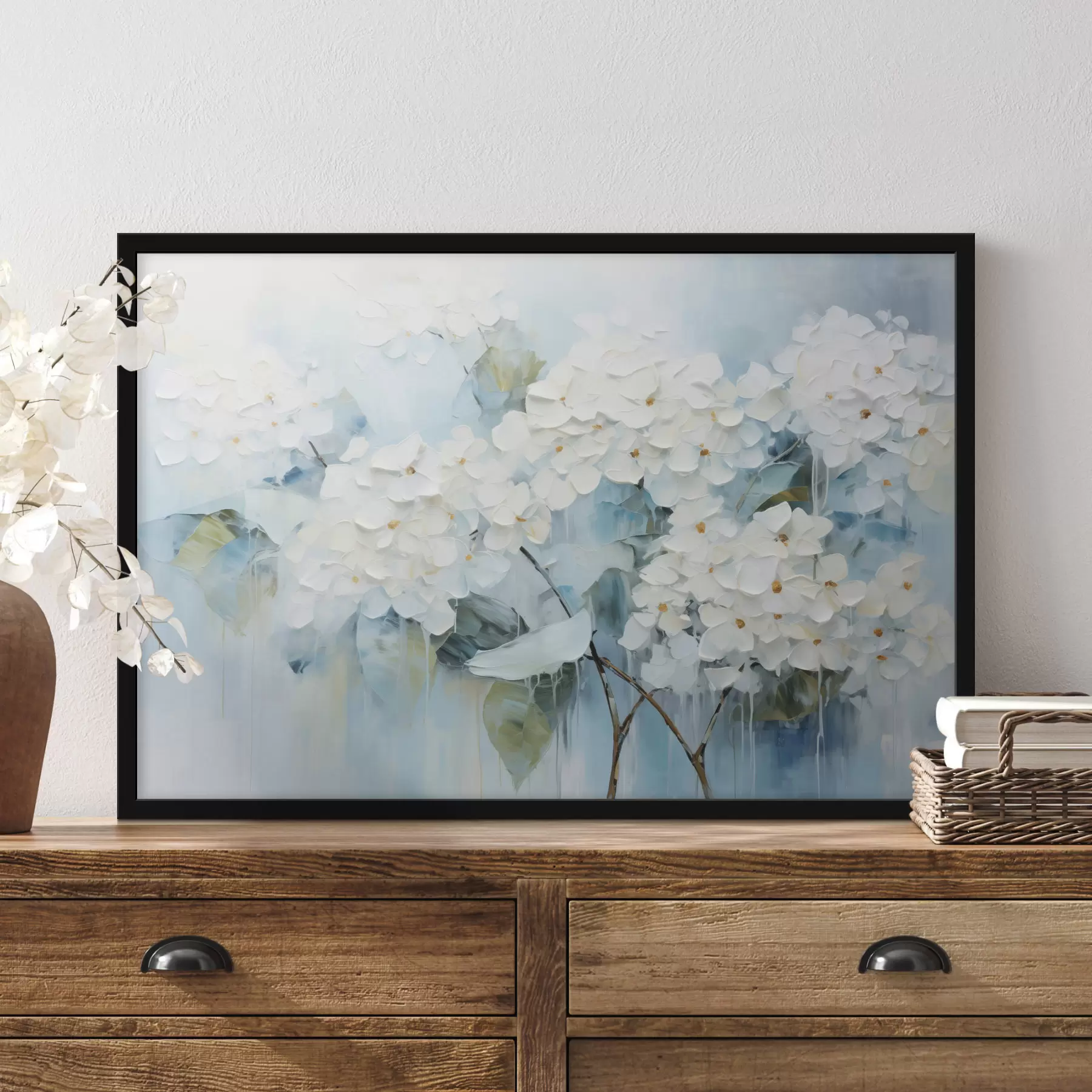 fototapet Hortensii albe înfloritoare în stilul picturii în ulei f45051