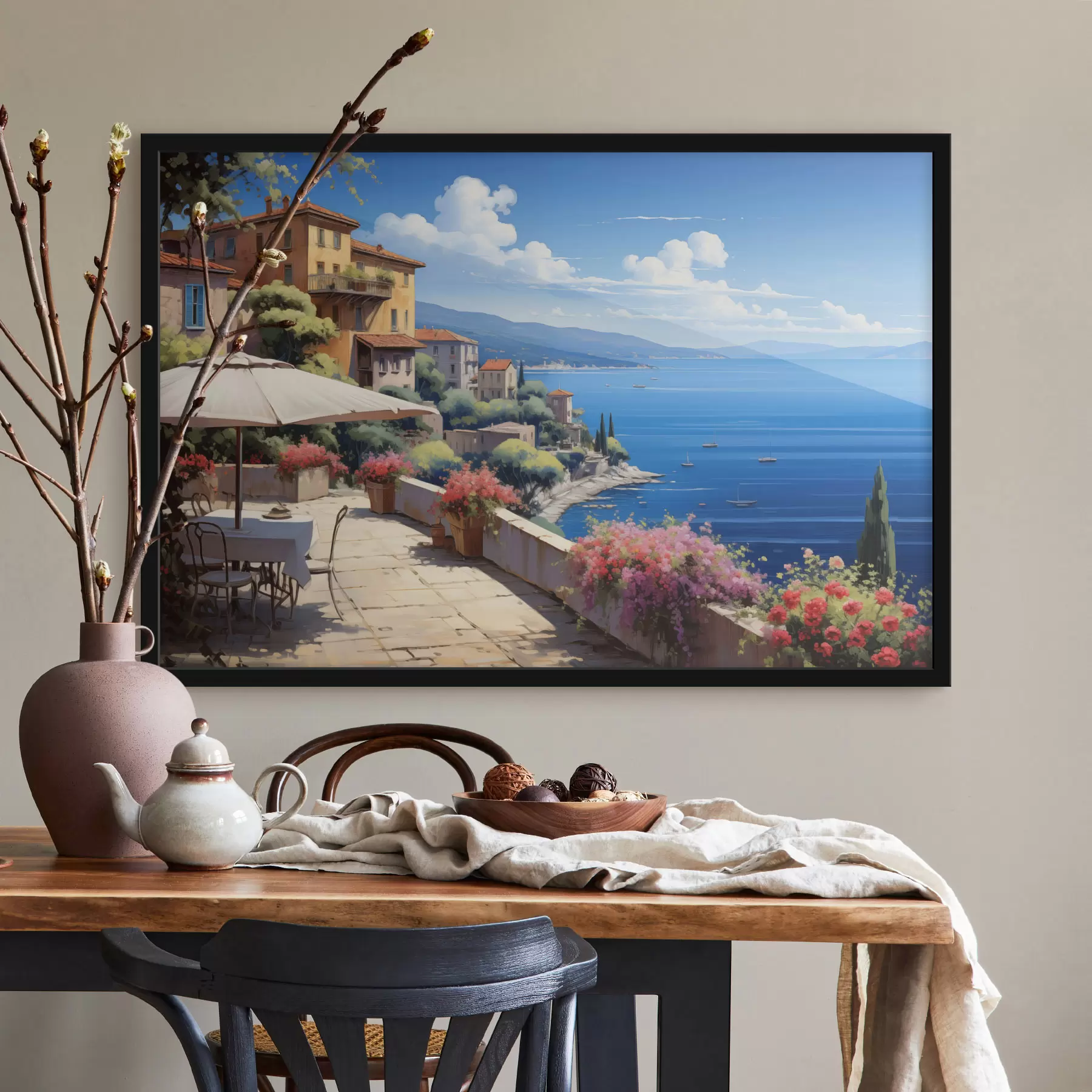 fototapet Peisaj mediteranean cu terasă înfloritoare în stil artistic f45053