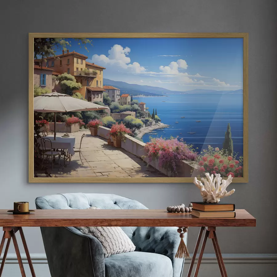 fototapet Peisaj mediteranean cu terasă înfloritoare în stil artistic f45053