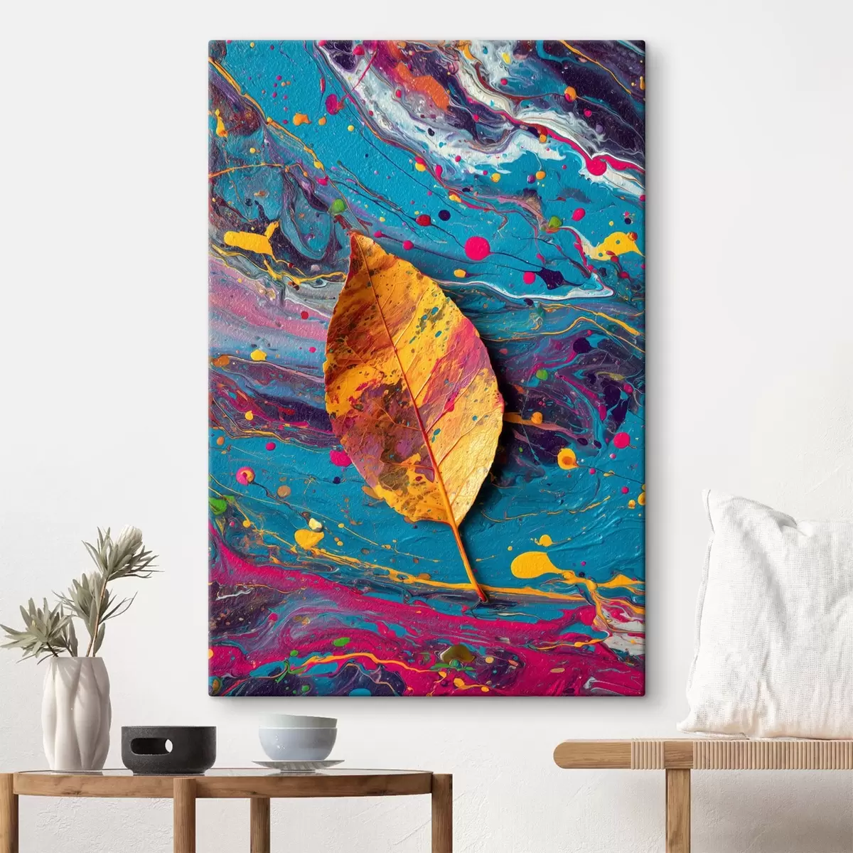 Tablouri Frunză strălucitoare pe un fundal colorat: compoziție abstractă s45245