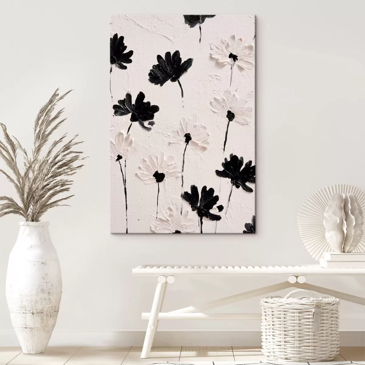 Tablouri Flori volumetrice: compoziție impasto în tonuri monocrome s45247