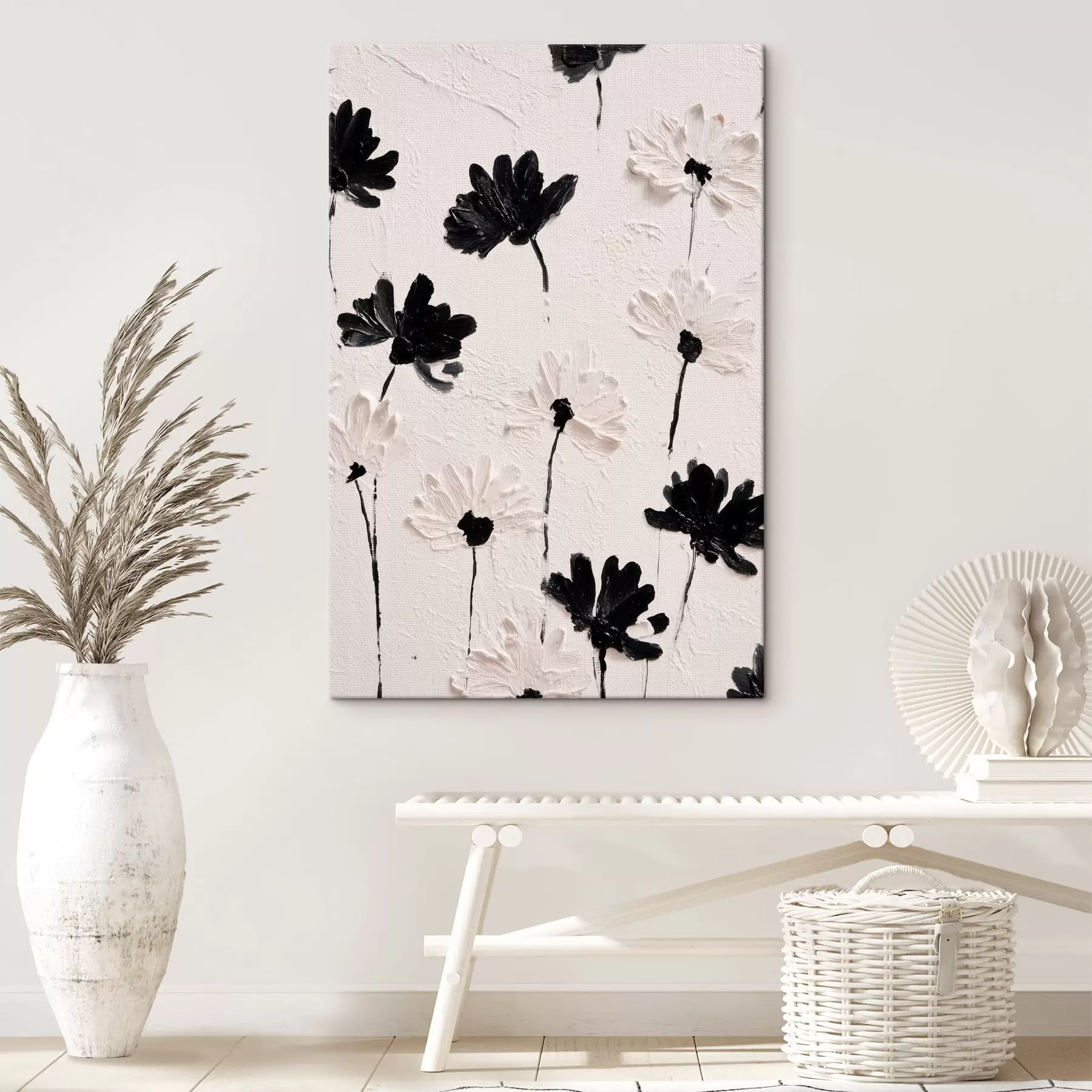 Tablouri Flori volumetrice: compoziție impasto în tonuri monocrome s45247