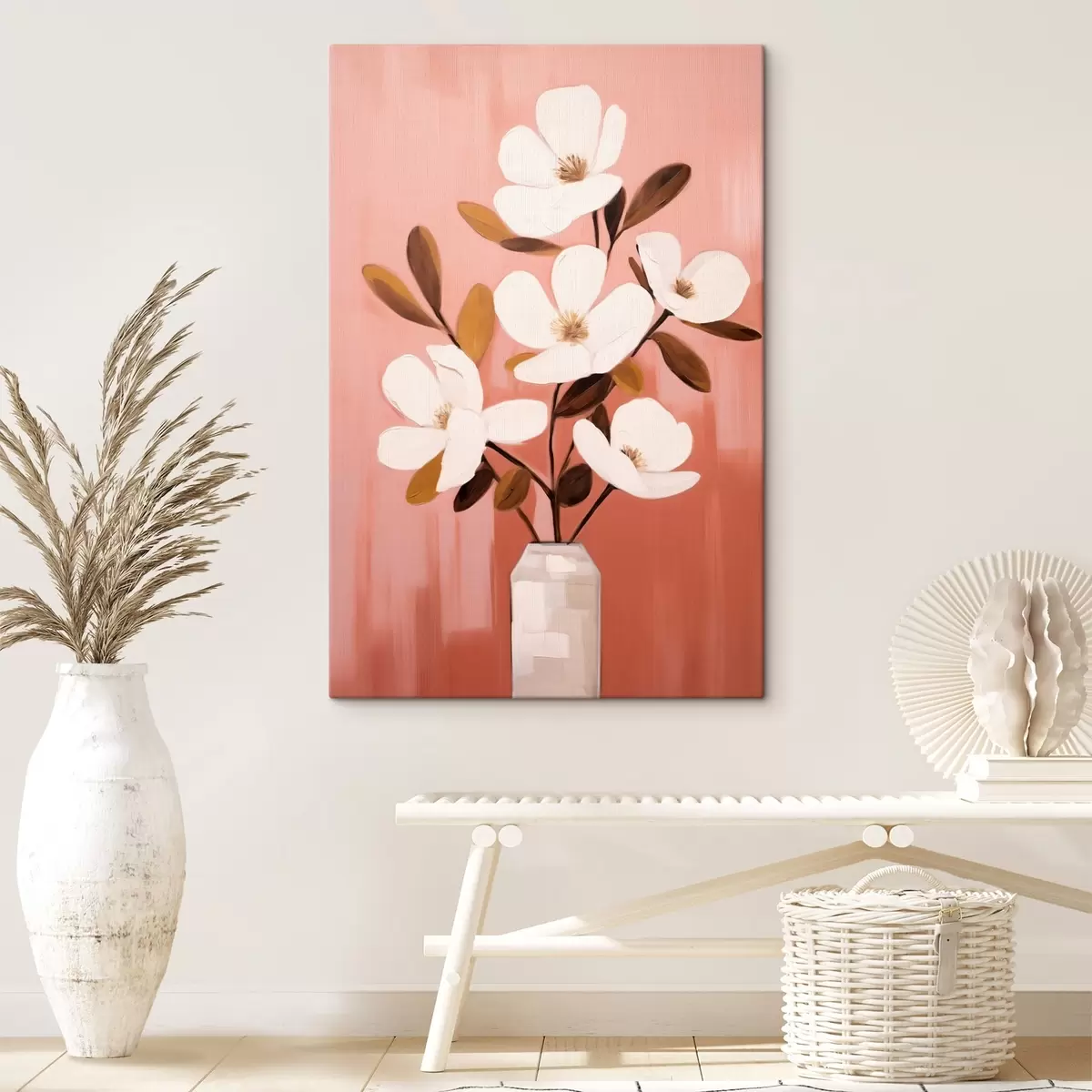 Tablouri Magnolii albe într-o vază albă: pictură florală minimalistă s45254