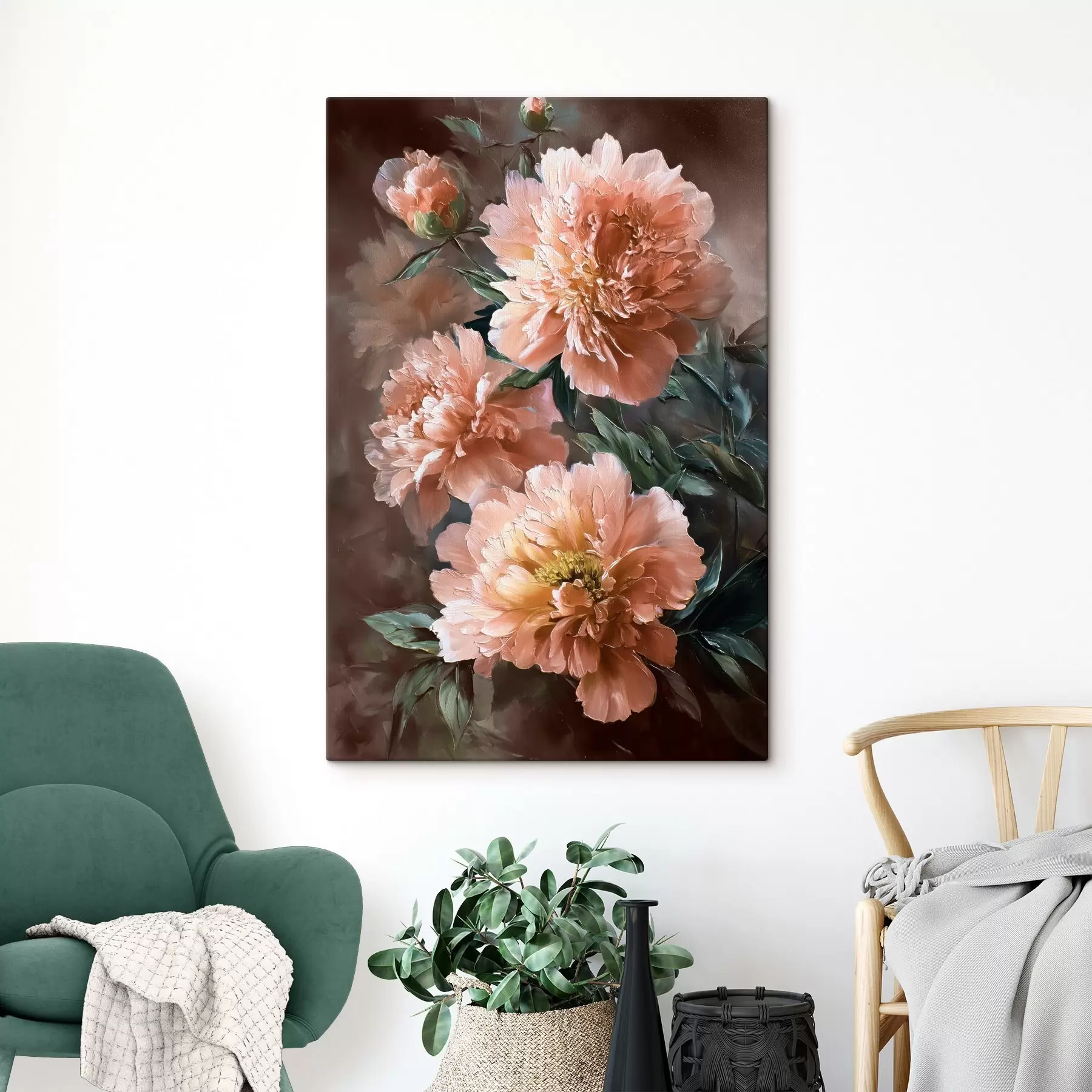 Tablouri Bujor roz luxuriant pe un fundal în tonuri calde în stil brushstroke s45260