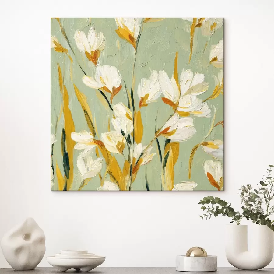 Tablouri Flori albe cu accente galbene pe un fundal de mentă în stil brushstroke s45264