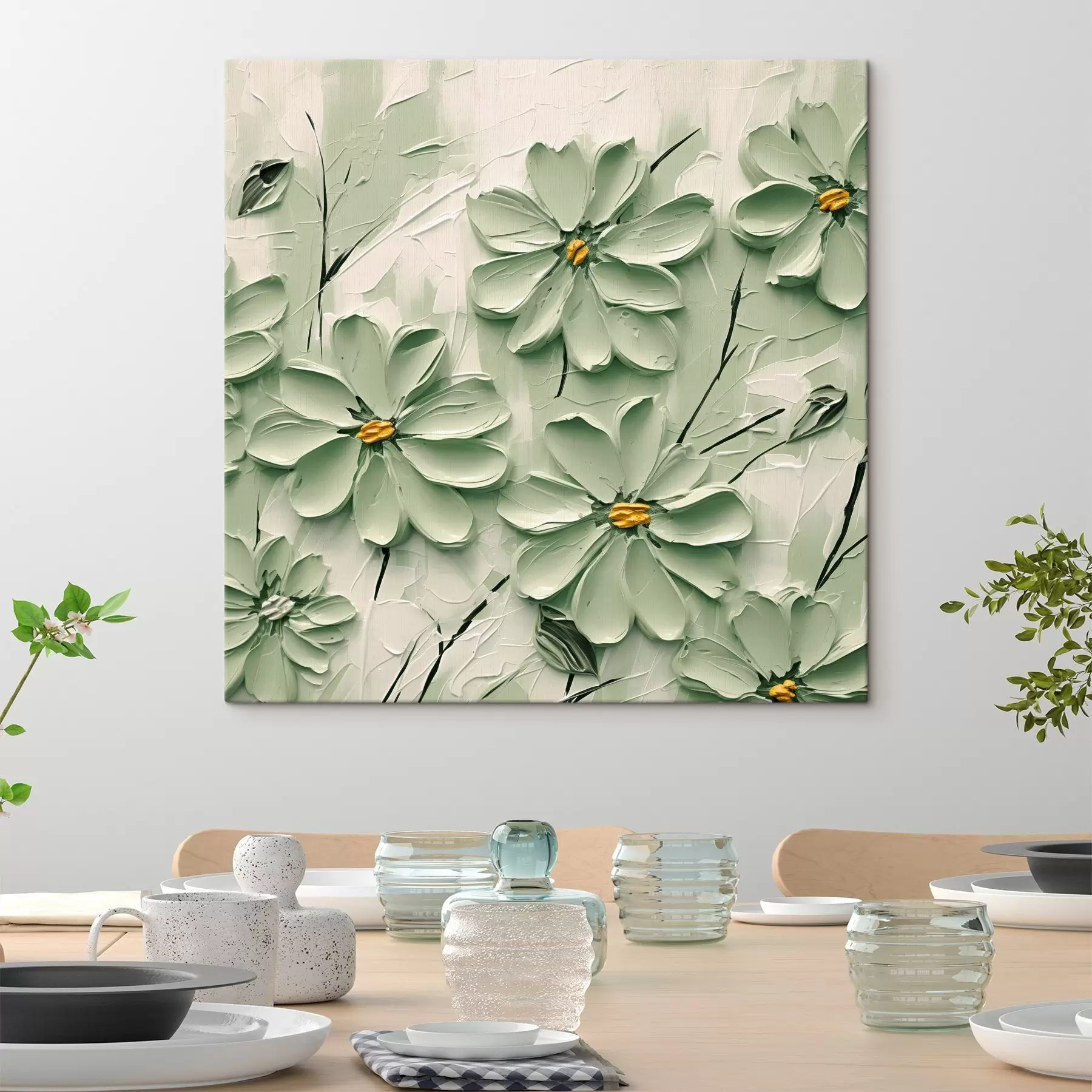 Tablouri Flori verzi cu centre galbene pictate în tușe groase pe un fundal deschis s45265