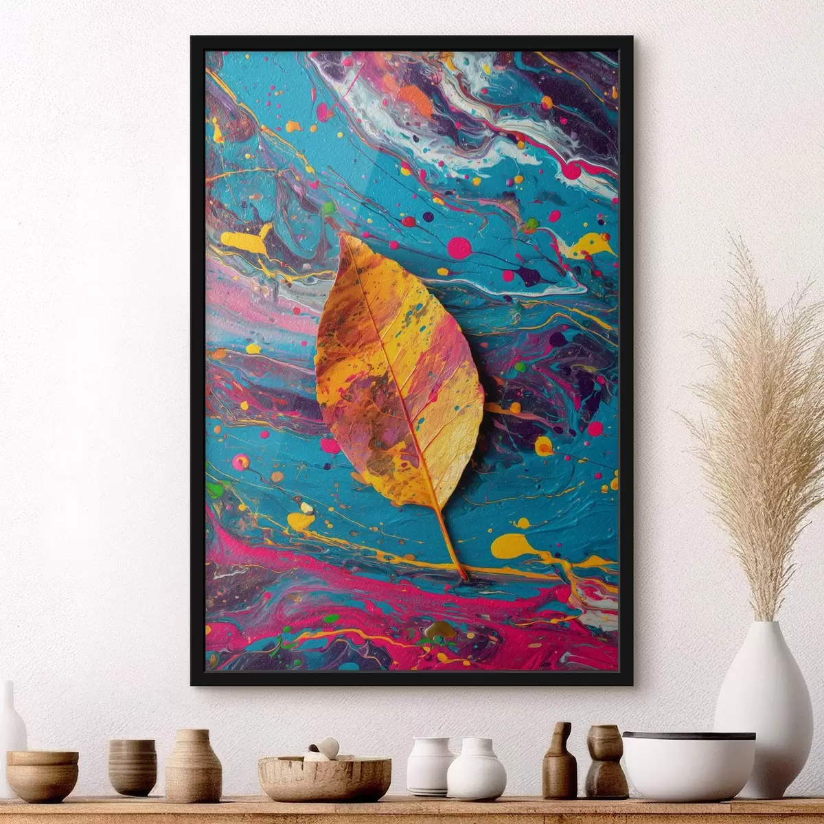 Poster Frunză strălucitoare pe un fundal colorat: compoziție abstractă f45245