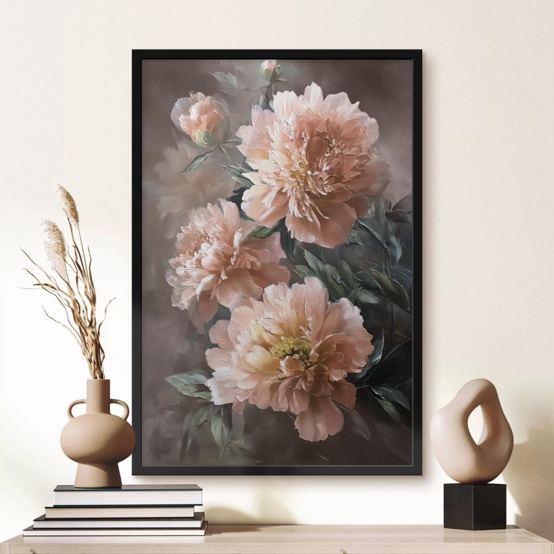 fototapet Bujor roz luxuriant pe un fundal în tonuri calde în stil brushstroke f45260