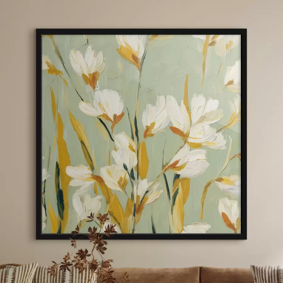 fototapet Flori albe cu accente galbene pe un fundal de mentă în stil brushstroke f45264