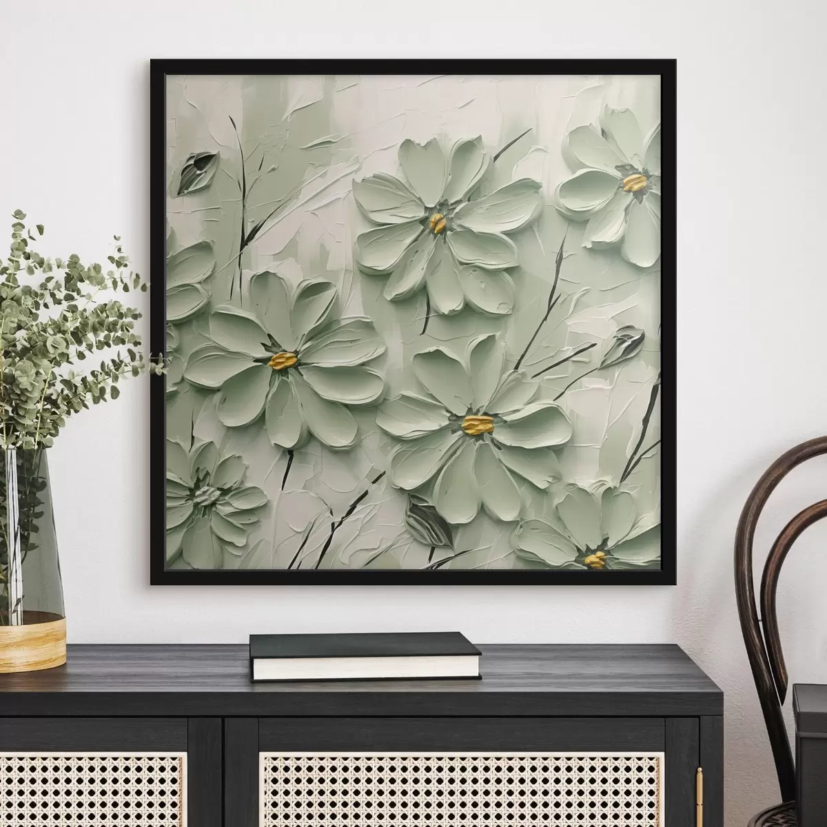 Poster Flori verzi cu centre galbene pictate în tușe groase pe un fundal deschis f45265