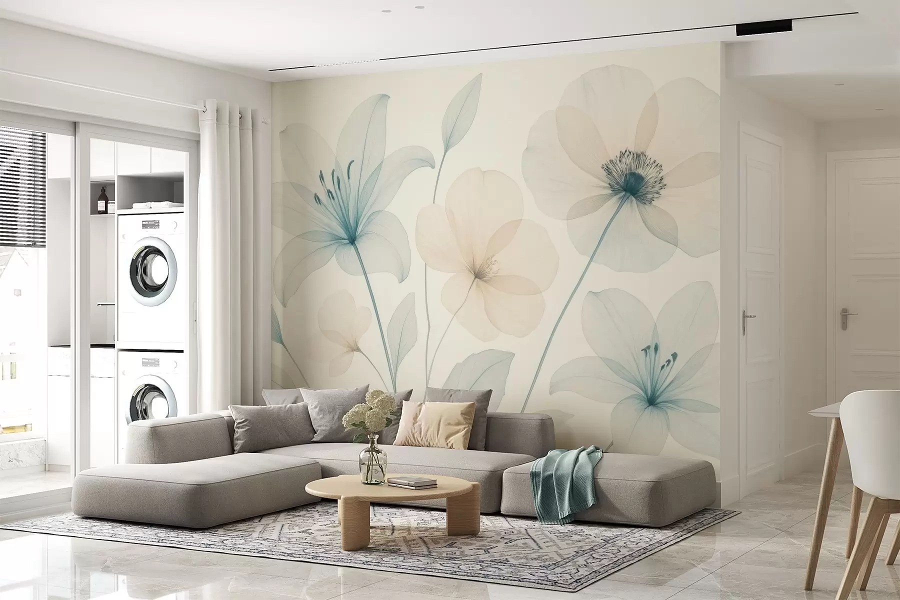fototapet Flori delicate în stil acuarelă albastru pastel și crem w09287