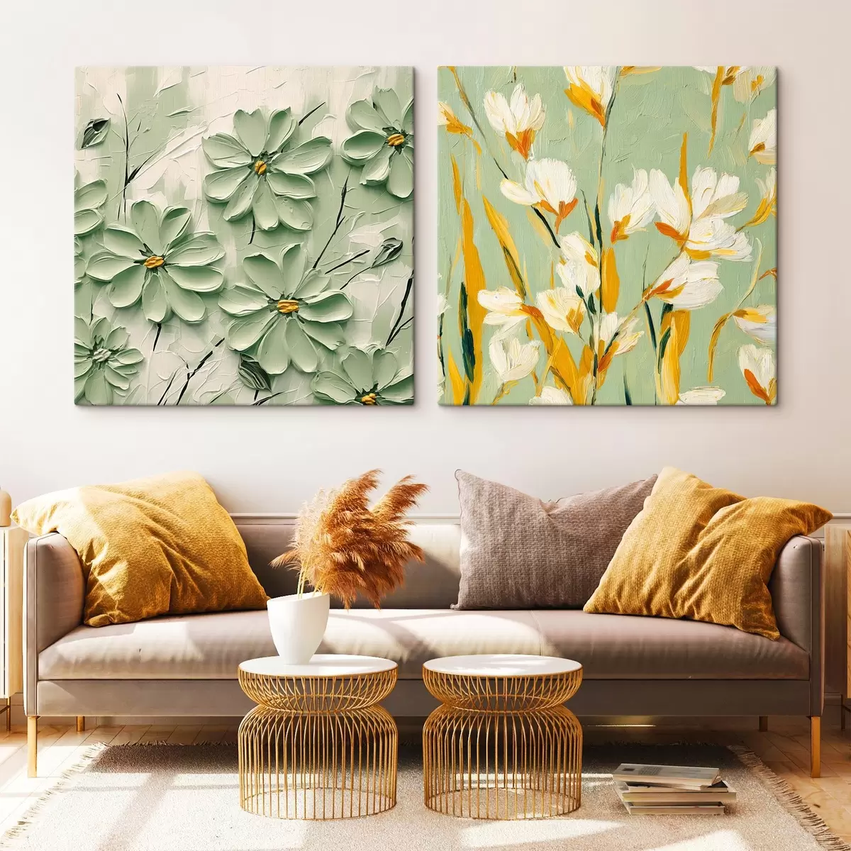 Tablouri Pajiște de flori: compoziție artistică cu flori volumetrice pe un fundal pastel m00567