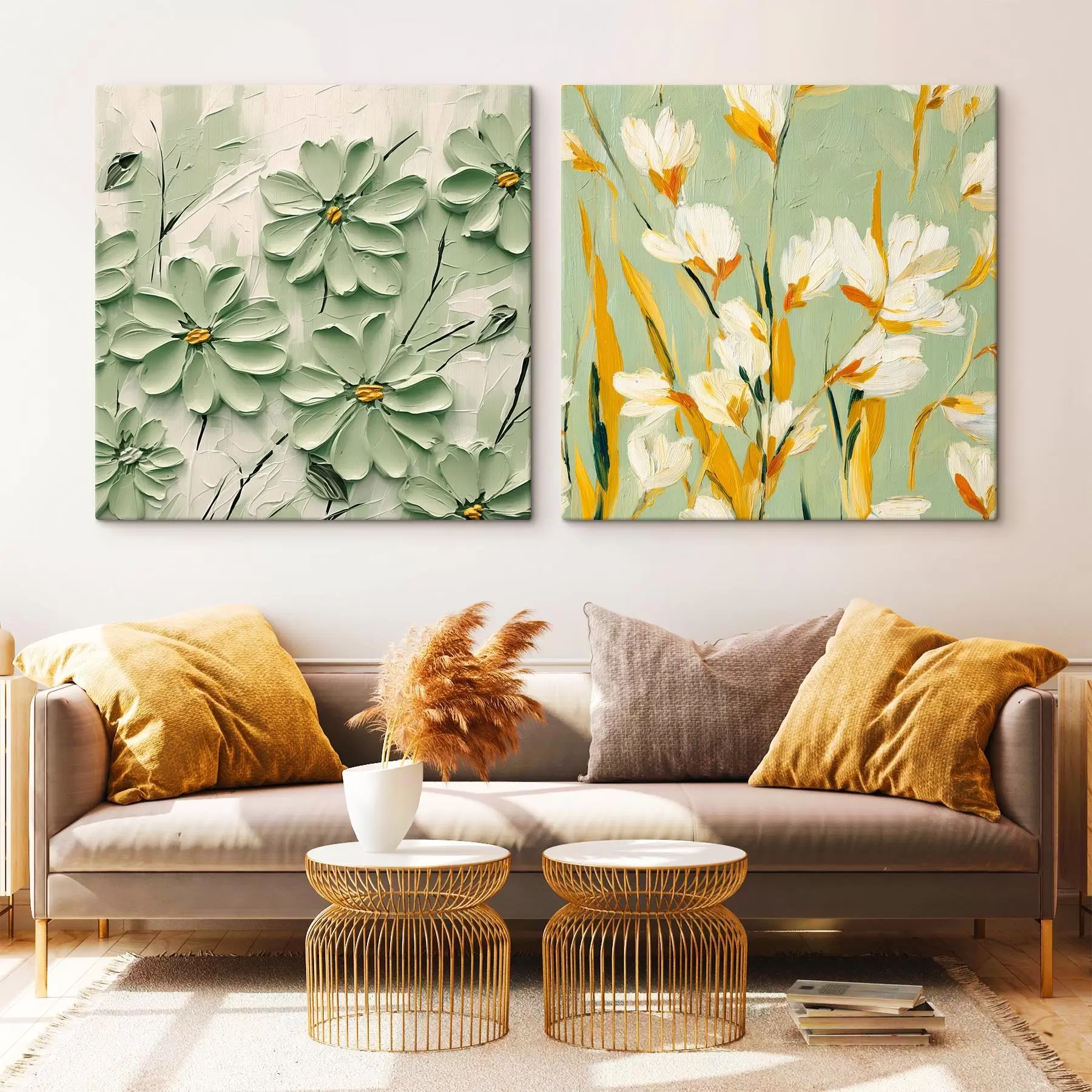 Tablouri Pajiște de flori: compoziție artistică cu flori volumetrice pe un fundal pastel m00567