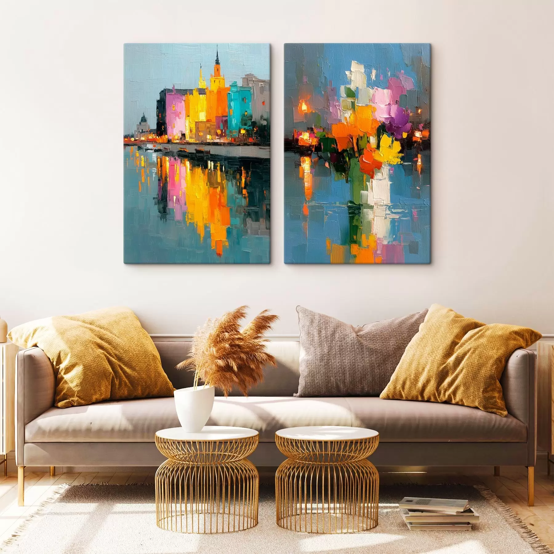 Tablouri Dinamica orașului: compoziție abstractă cu reflexii de lumini pe râu m00569