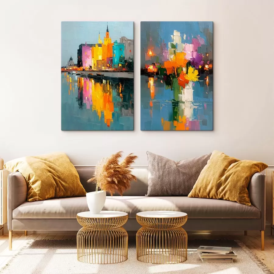 Tablouri Dinamica orașului: compoziție abstractă cu reflexii de lumini pe râu m00569