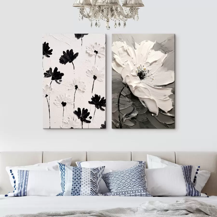 Tablouri Diptych cu flori albe și negre în stil modern m00571