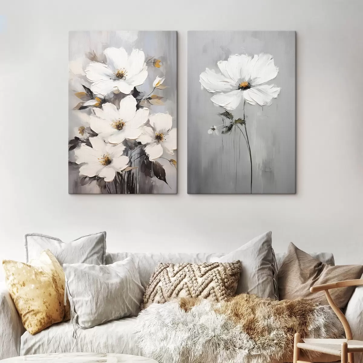 Tablouri Compoziție artistică cu flori albe și suprafață texturată în stil minimalist m00574