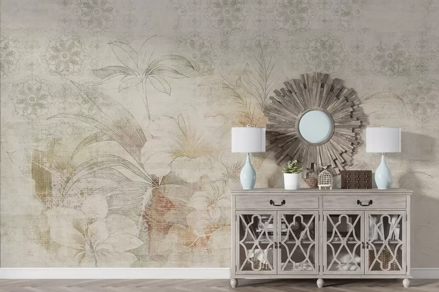 fototapet Flori și frunze pe fundal texturat cu ornamente w04343