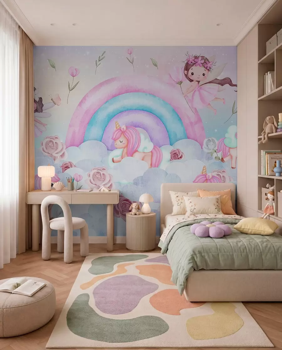 fototapet Zâne și unicorni printre nori și curcubee w04371