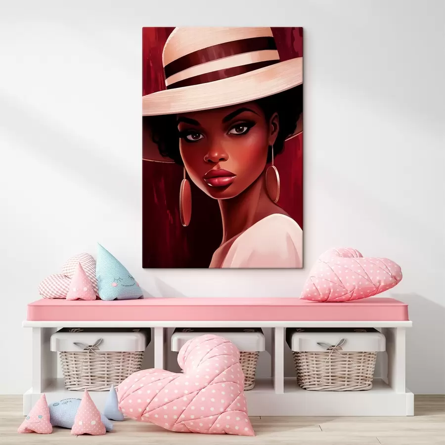 Tablouri Femeie cu o pălărie de culoare deschisă și cercei rotunzi s45323