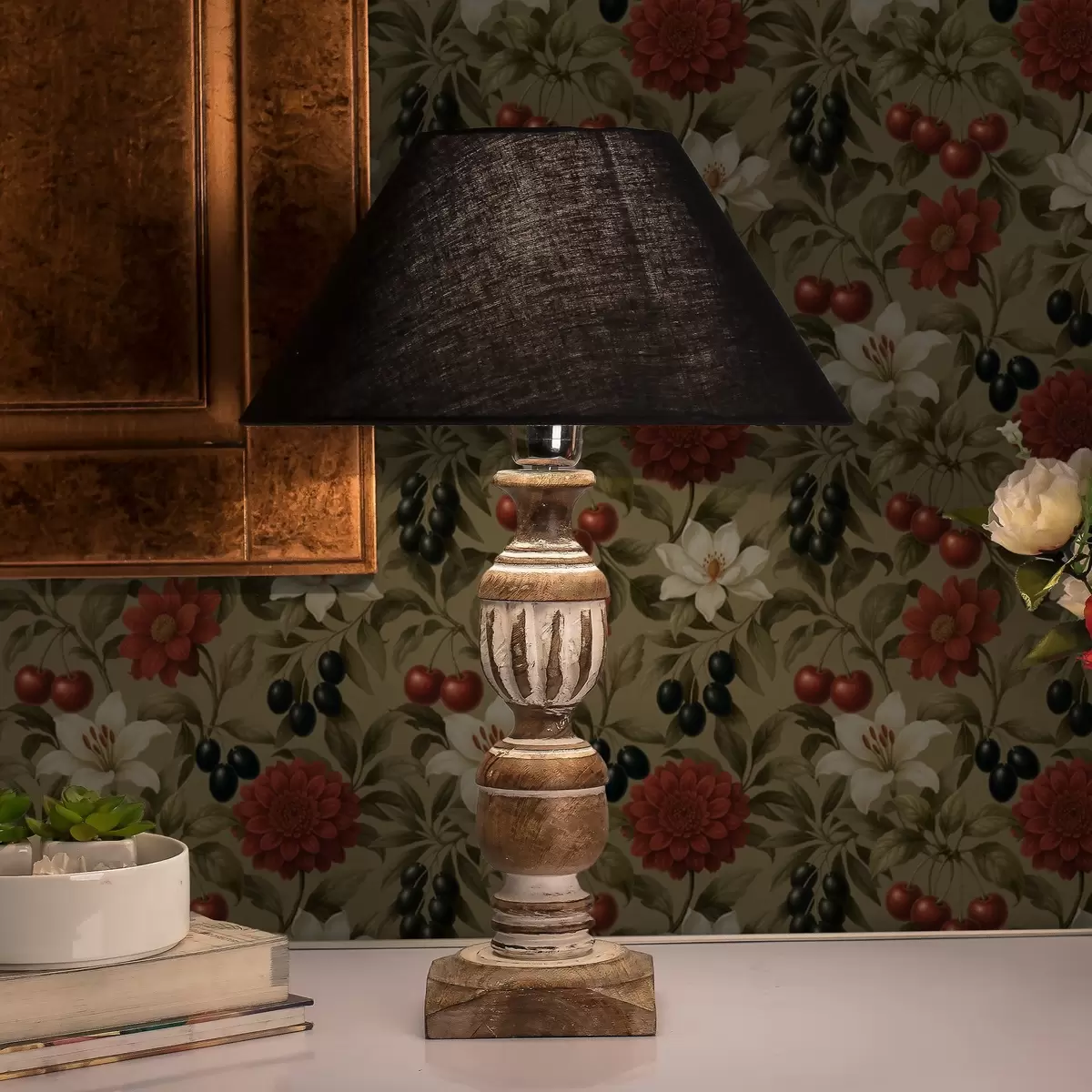 Wallpaper Cireșe, flori și măsline negre a00384