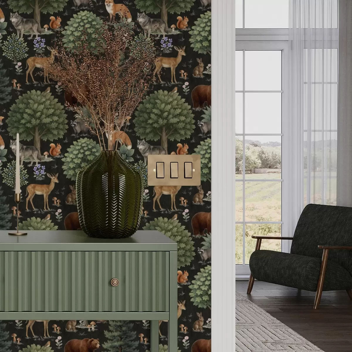 Wallpaper Acuarelă animale de pădure cu copaci și ciuperci a00391