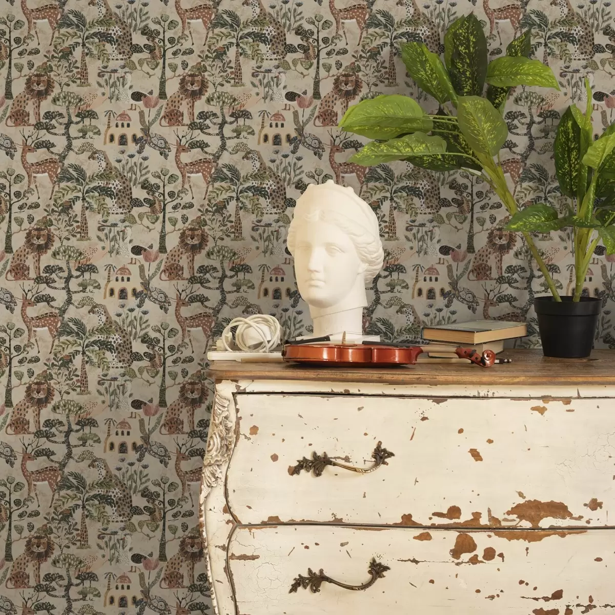 Wallpaper Animale de safari și frunze de savană în tonuri calde de pământ a00392