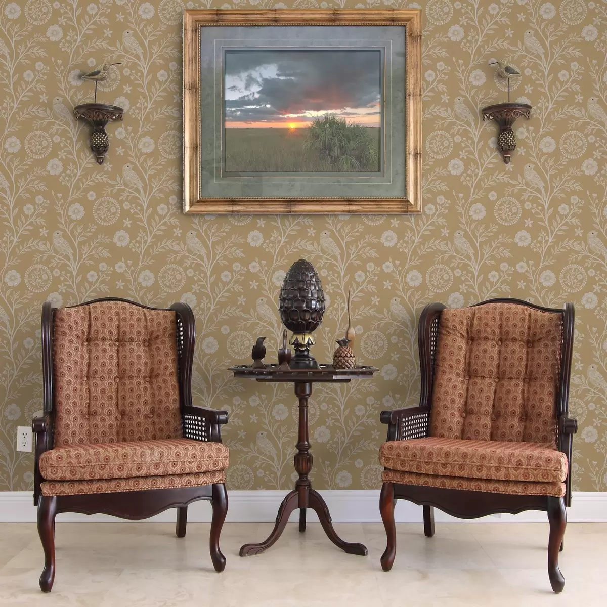 Wallpaper Schiță delicată a unei păsări albe și floare pasăre albă și floare pe fundal ocru a00393