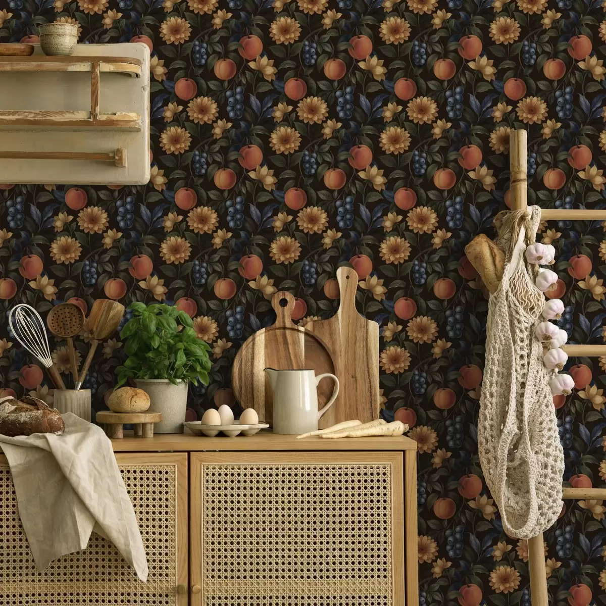 Wallpaper Fructe și flori galbene pe fundal botanic întunecat a00395