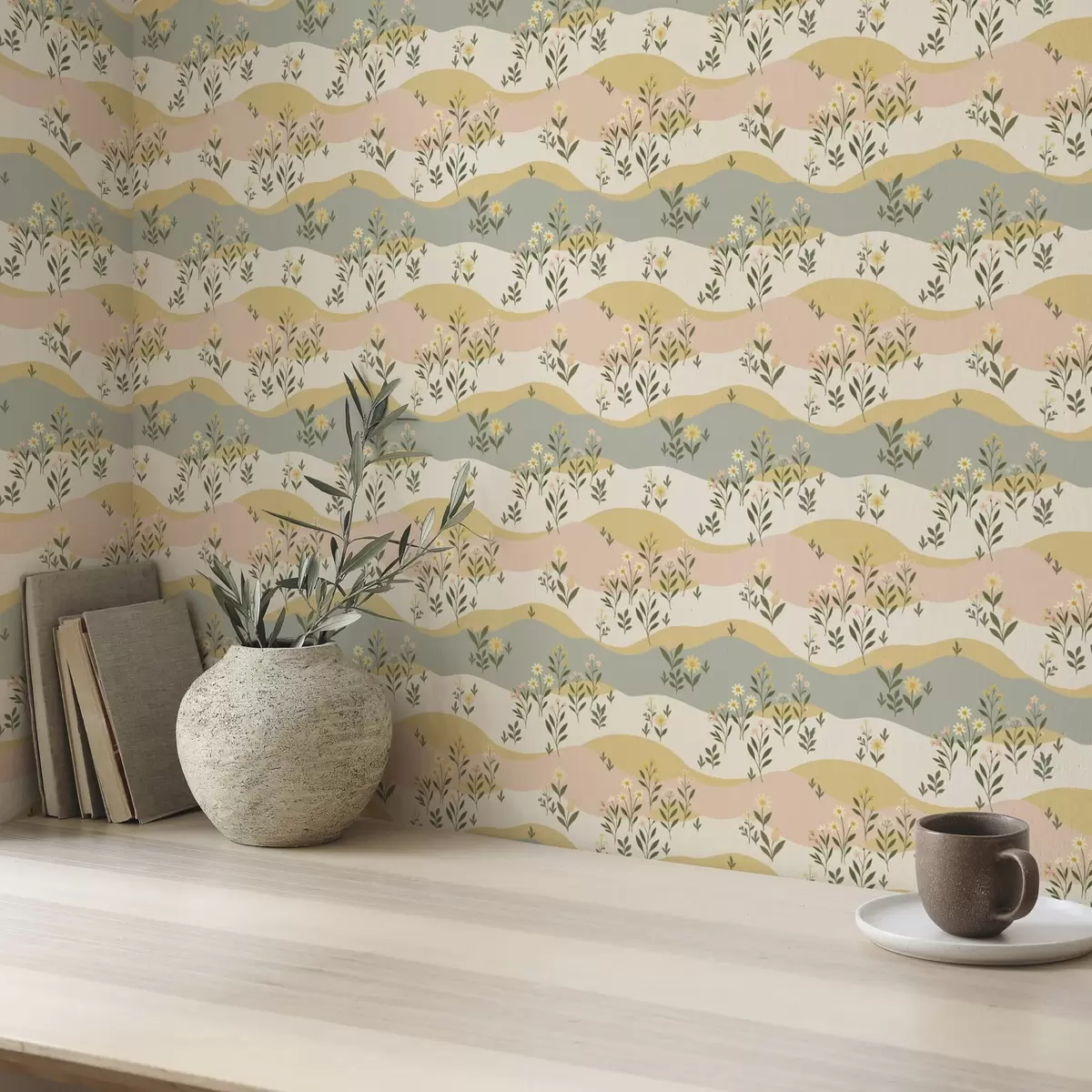 Wallpaper Flori de pajiște ondulate în stil minimalist pastel a00396