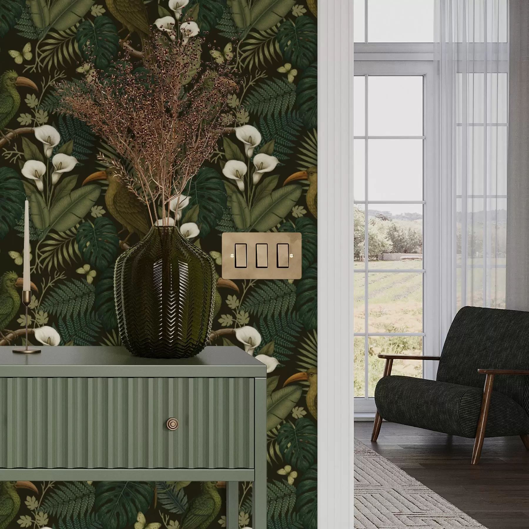 fototapet Păsări tropicale și verdeață luxuriantă pe fundal întunecat de junglă a00397