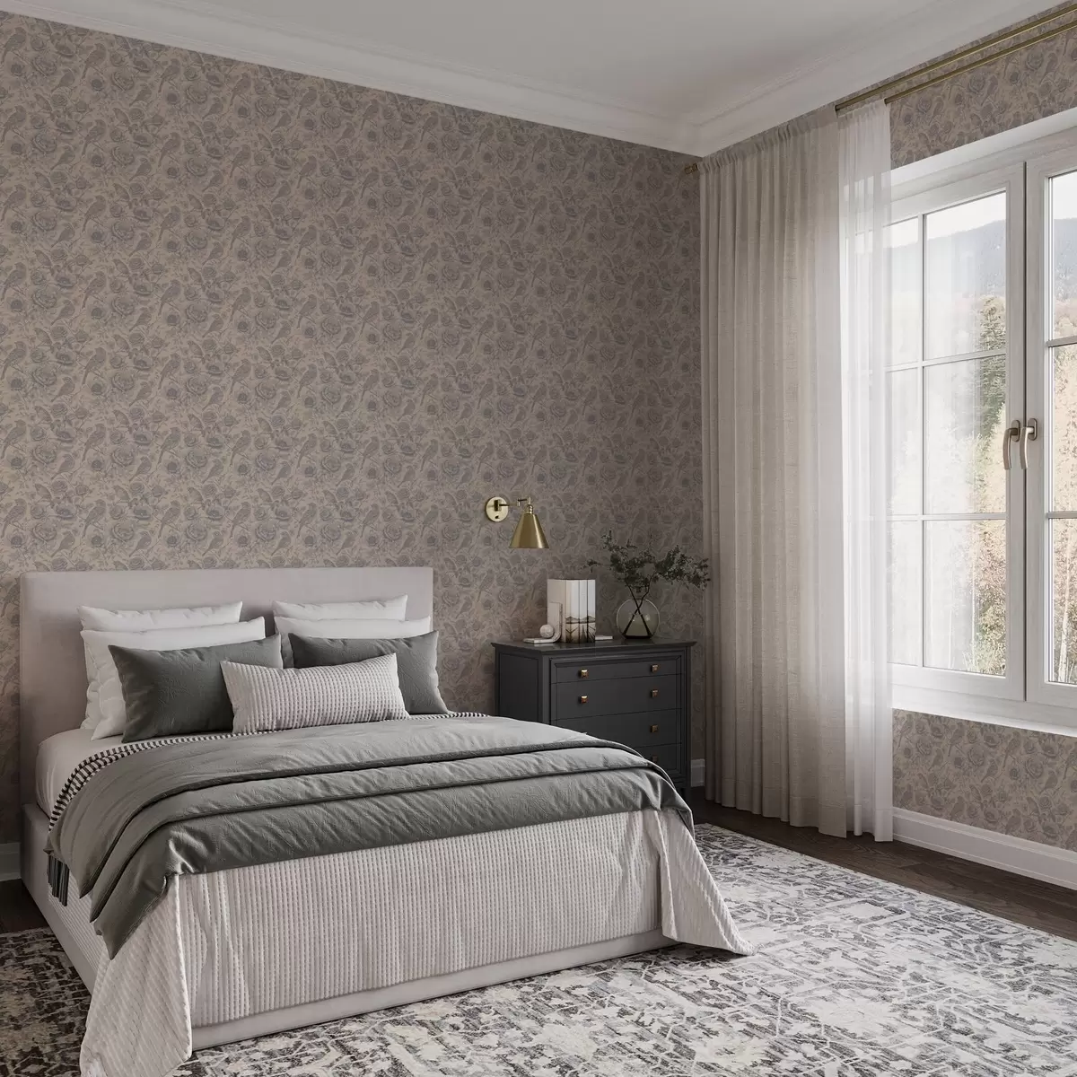 Wallpaper Păsări și flori de epocă pe un fundal bej moale a00423