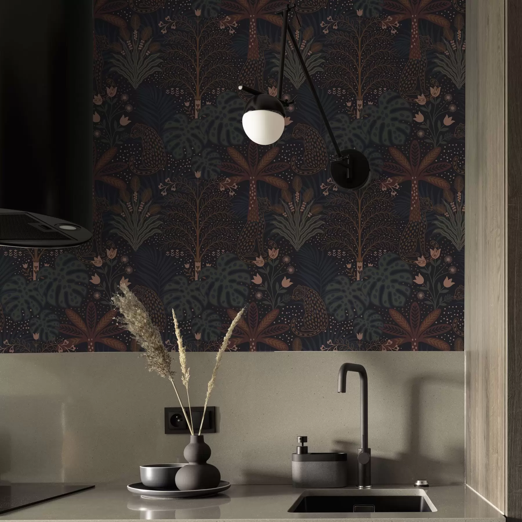 fototapet Jungla întunecată cu leoparzi palmieri și flori a00424